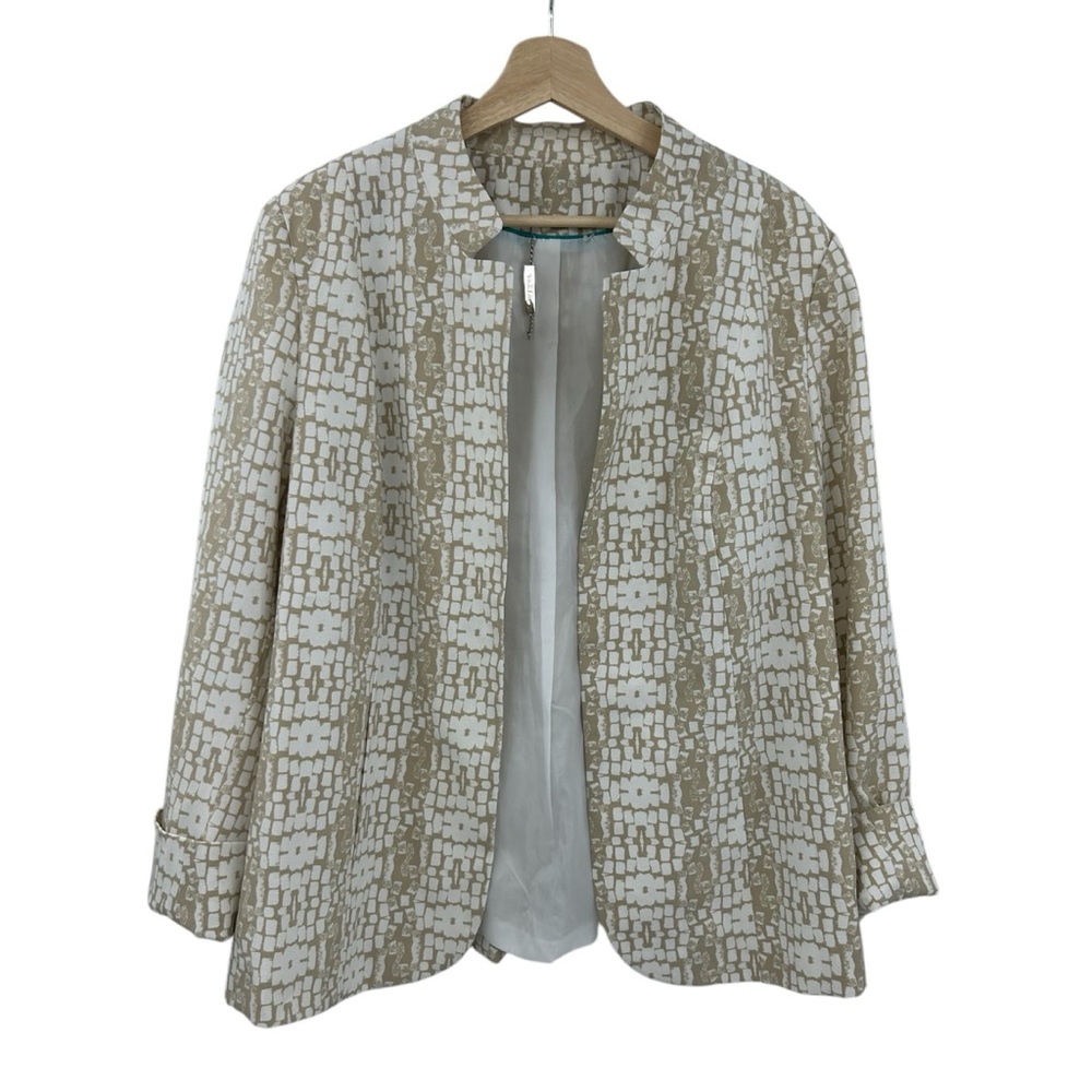 Tanjay White Beige Abstract Print Open Front Blazer